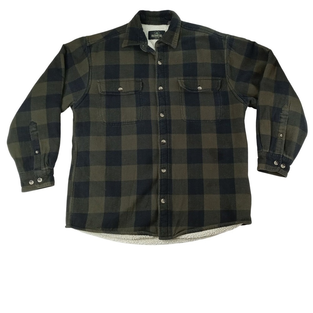 RedHead Sherpa Lined Flannel Shirt Jacket Mens Green Black Plaid Workwear